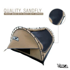 Orca Outdoors Deluxe Double Size Canvas Swag With 70mm Mattress And Awning Poles - Sand -Best Kayak Shop OD SWAG DB SAND 5